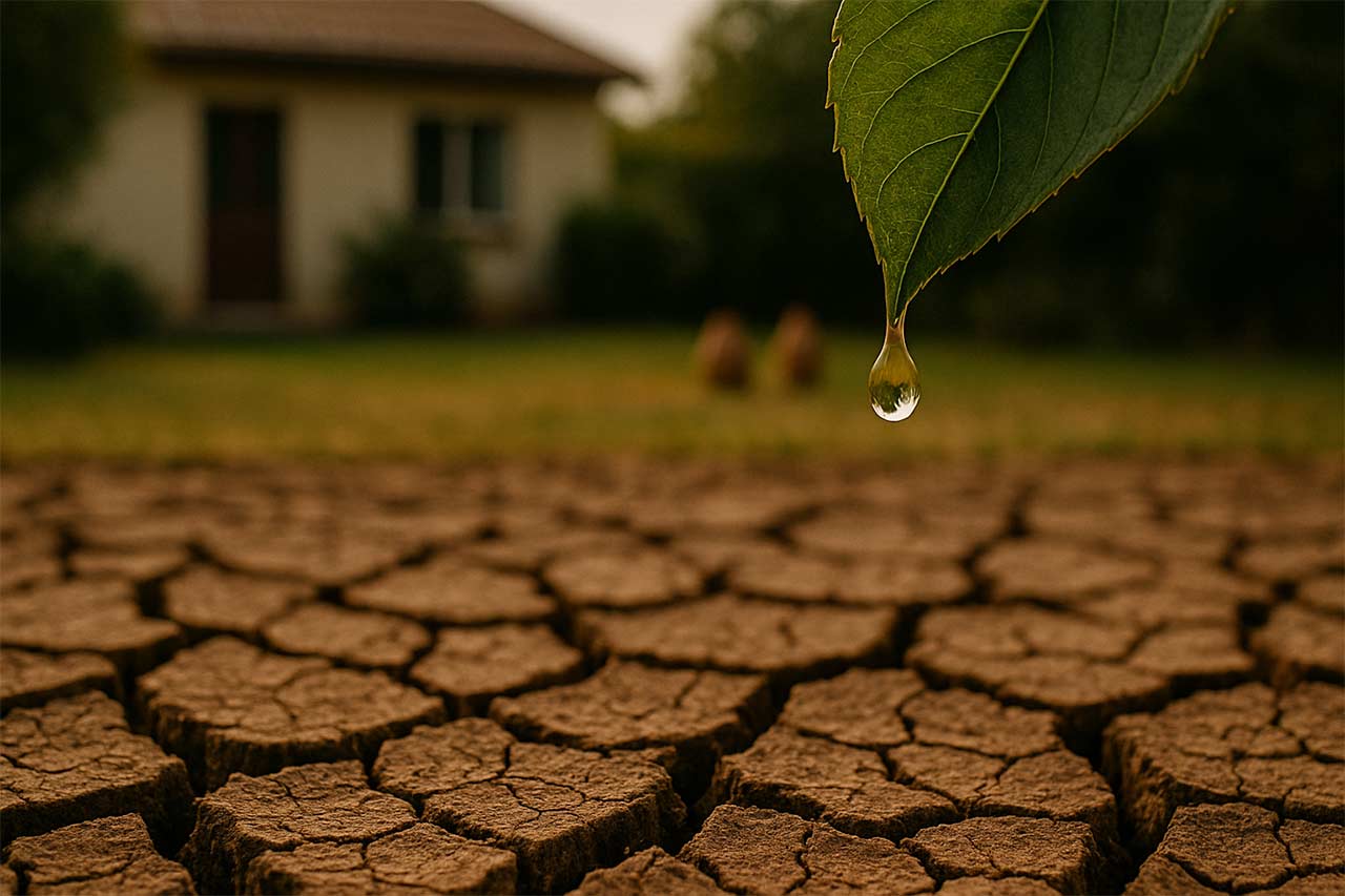Sol craquelé au premier plan, quartier résidentiel arboré à l’horizon et feuille avec unique goutte d’eau, ciel orageux percé d’un rayon de soleil, visuel impactant sur la rareté de l’eau.