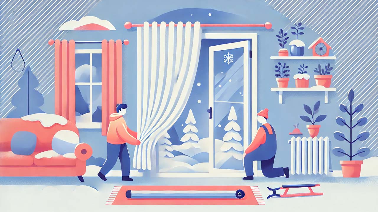 La scène montre une ambiance hivernale avec un intérieur chaleureux. Des personnages stylisés installent le rideau à l'aide d'une tringle extensible. Les couleurs sont pastel avec un fond blanc