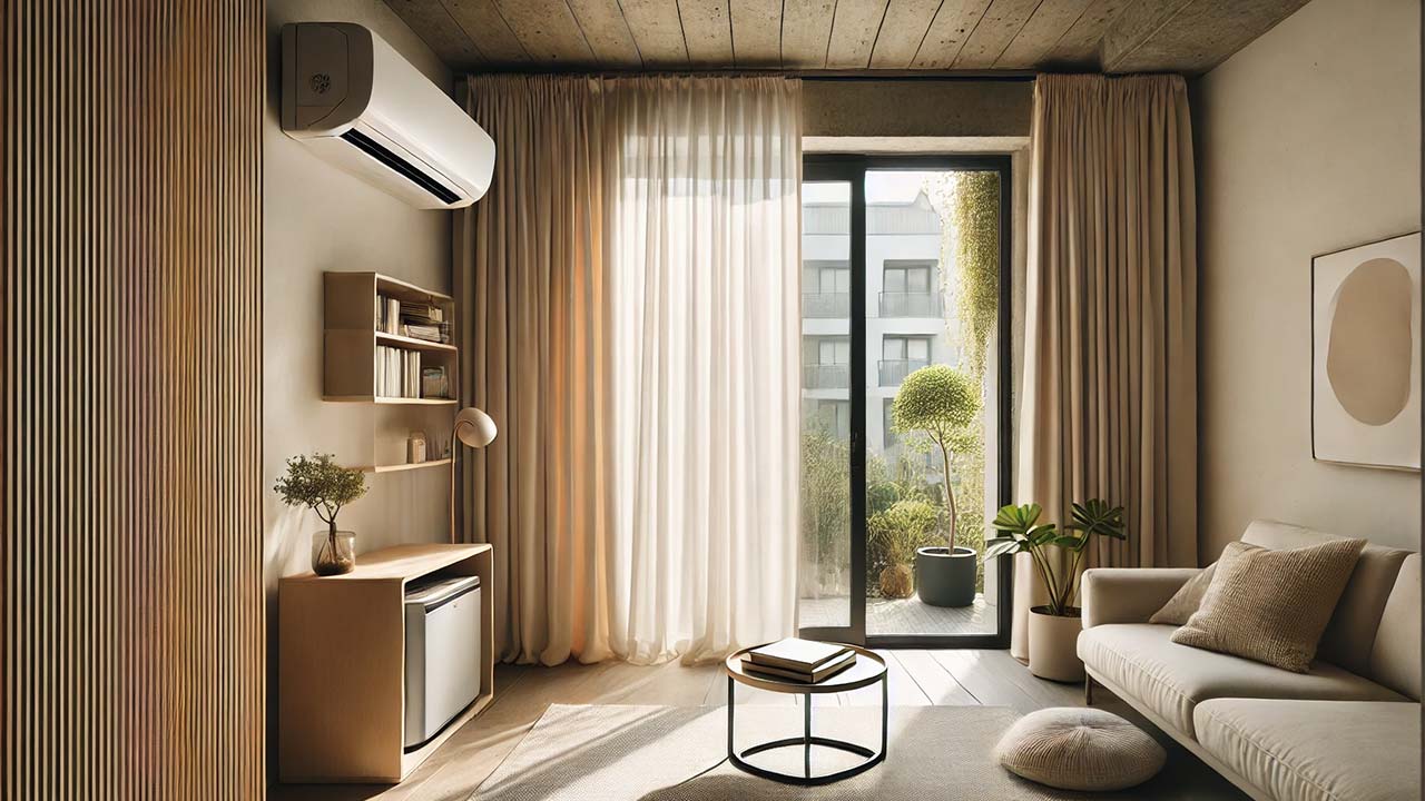 pièce moderne avec un rideau thermique épais et isolant devant une fenêtre. L’espace est décoré avec des meubles minimalistes, des plantes vertes et un éclairage doux pour une ambiance calme et confortable.