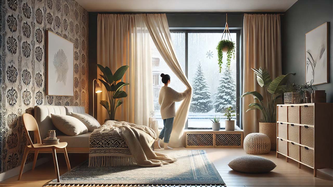  scène illustrant un intérieur cosy avec un rideau thermique épais suspendu devant une fenêtre. Une jeune femme ajuste doucement le rideau tout en regardant la neige tomber à l'extérieur. La pièce contient des meubles modernes, un tapis confortable et une plante verte ajoutant une touche naturelle