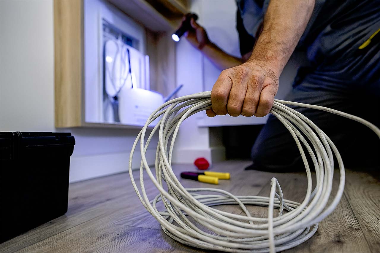 Photographie d’un technicien manipulant un câble Ethernet blanc enroulé, tenant une lampe torche devant un coffret de communication ouvert, avec des outils au sol et un éclairage bleuté accentuant les contrastes