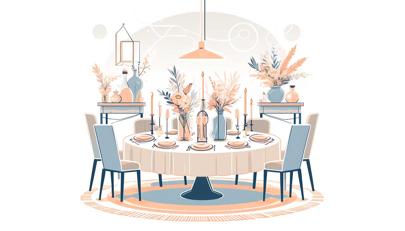  Mise en scène conviviale avec une table ronde, éclairage chaleureux, bougies et vases décoratifs sur la table. 