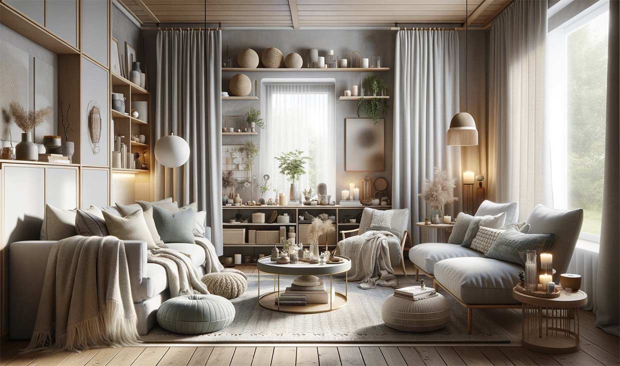 salon conçu dans un style scandinave "hygge", avec des meubles confortables et une atmosphère de bien-être. 