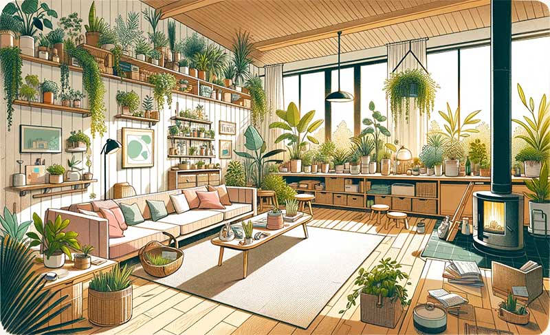 salon spacieux avec des meubles en matériaux naturels comme le bois et le bambou. Des plantes d'intérieur abondent, créant une atmosphère de verdure et de fraîcheur. Des éléments écologiques comme l'éclairage à économie d'énergie, des peintures écologiques sur les murs, et un système de recyclage intégré sont visibles