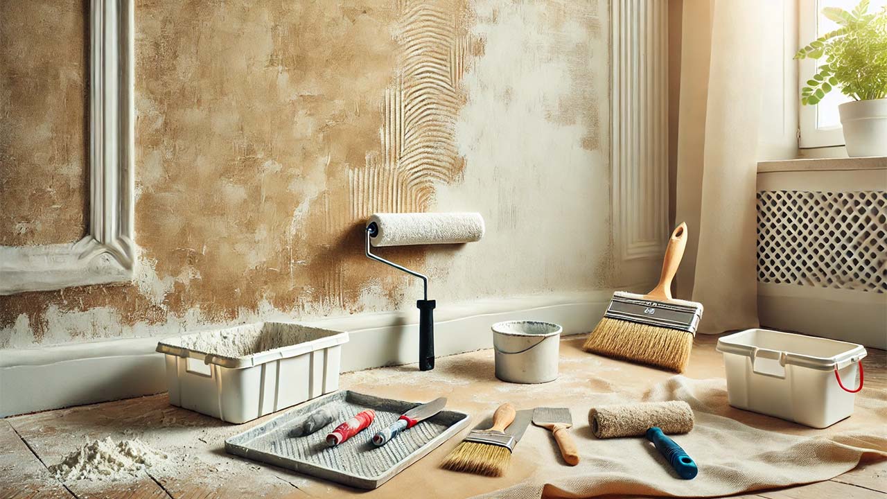 pièce en rénovation avec un mur en partie poncé, révélant des traces de salpêtre blanchâtres et des surfaces écaillées. Des outils tels qu'une brosse en chiendent et un seau sont posés sur le sol, illustrant un nettoyage en cours.