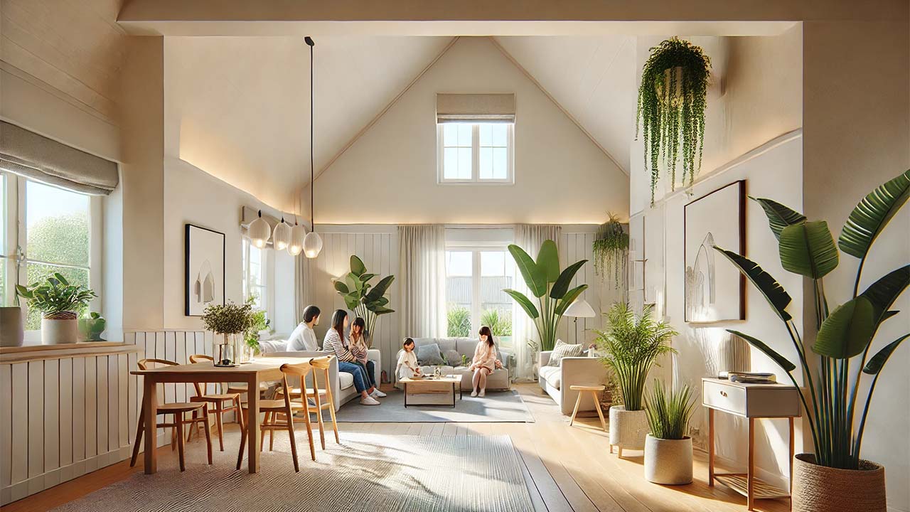 maison récemment rénovée avec des murs propres et secs, bien ventilée et lumineuse. Une famille profite d'un intérieur sain, avec des plantes d'intérieur et des décorations modernes, suggérant un environnement protégé contre l'humidité et le salpêtre. 