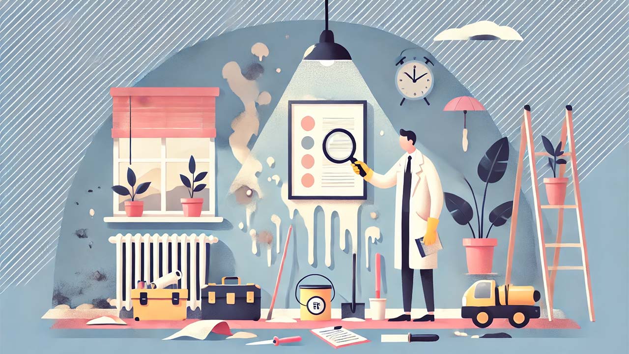 illustration représentant un problème d'humidité dans une maison avec des murs montrant des dépôts blanchâtres et des cloques sur la peinture. La scène montre une personne inspectant le mur avec une loupe tandis qu'une autre prend des notes sur un carnet. Des outils comme une brosse, un pinceau et un produit anti-salpêtre sont visibles à proximité.