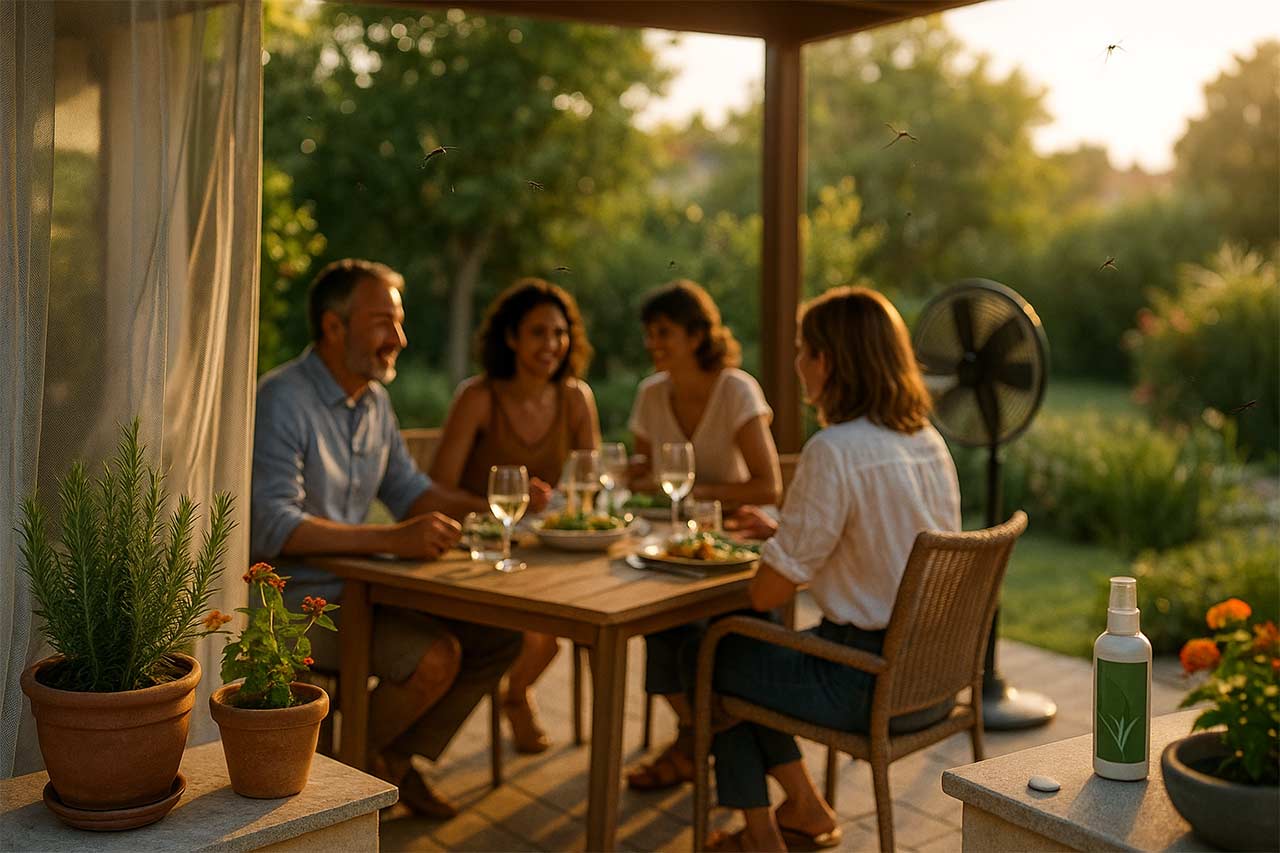 Soirée d’été sur terrasse : table dressée, ventilateur orienté vers les convives, voile moustiquaire, pots d’aromatiques, quelques moustiques en vol, flacon de répulsif posé