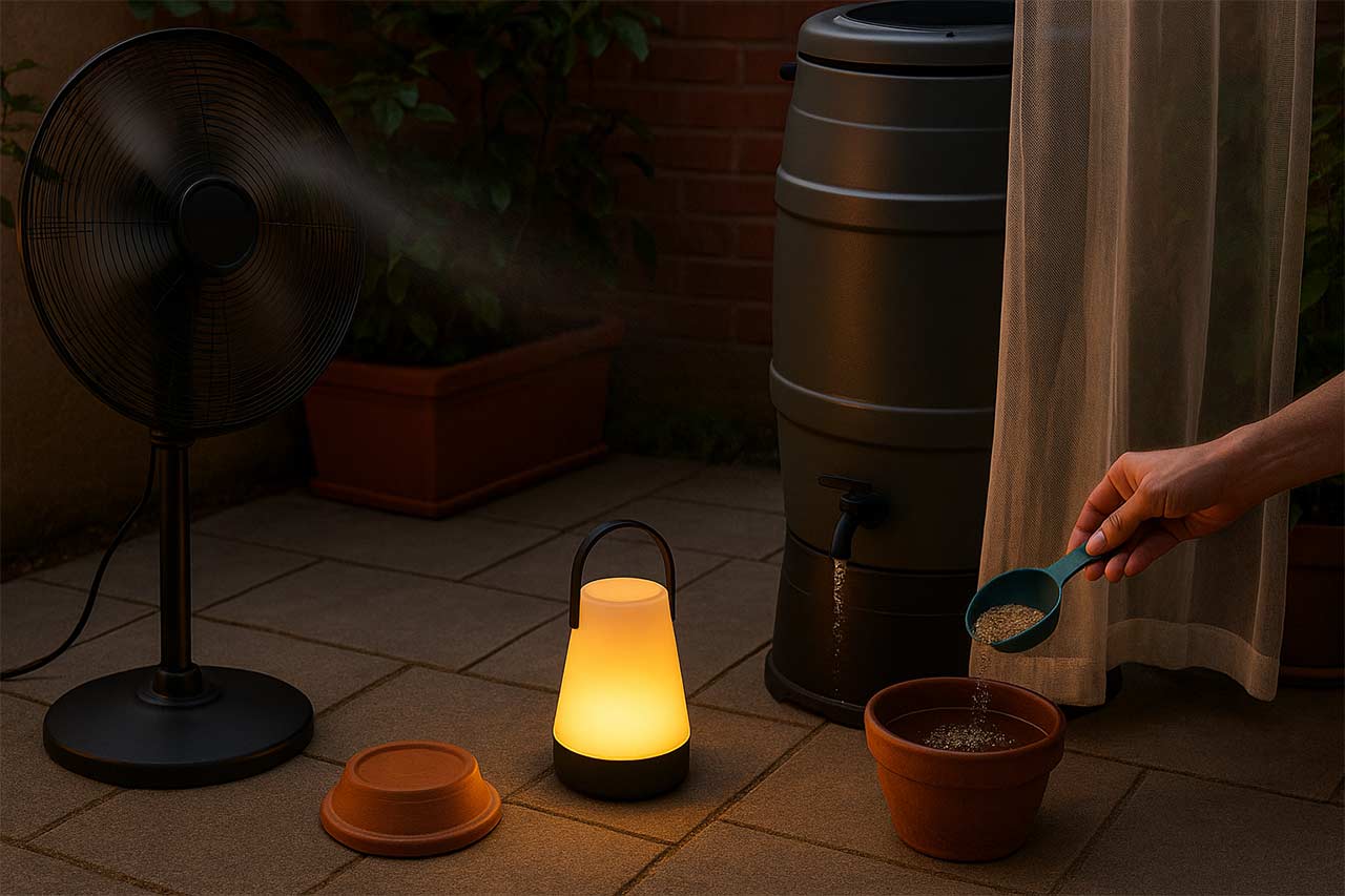 Terrasse au crépuscule : ventilateur en marche, récupérateur d’eau fermé, main versant des granulés larvicides dans une soucoupe, lanterne chaude, rideau moustiquaire en fond.