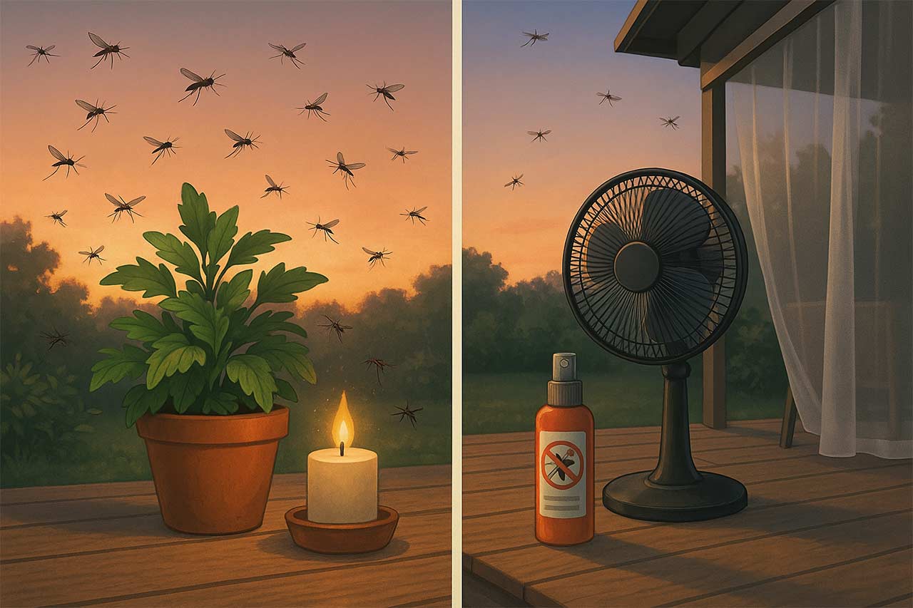 Illustration en diptyque : à gauche plante et bougie entourées de moustiques, à droite ventilateur, spray répulsif et moustiquaire repoussant les insectes, terrasse au coucher du soleil.