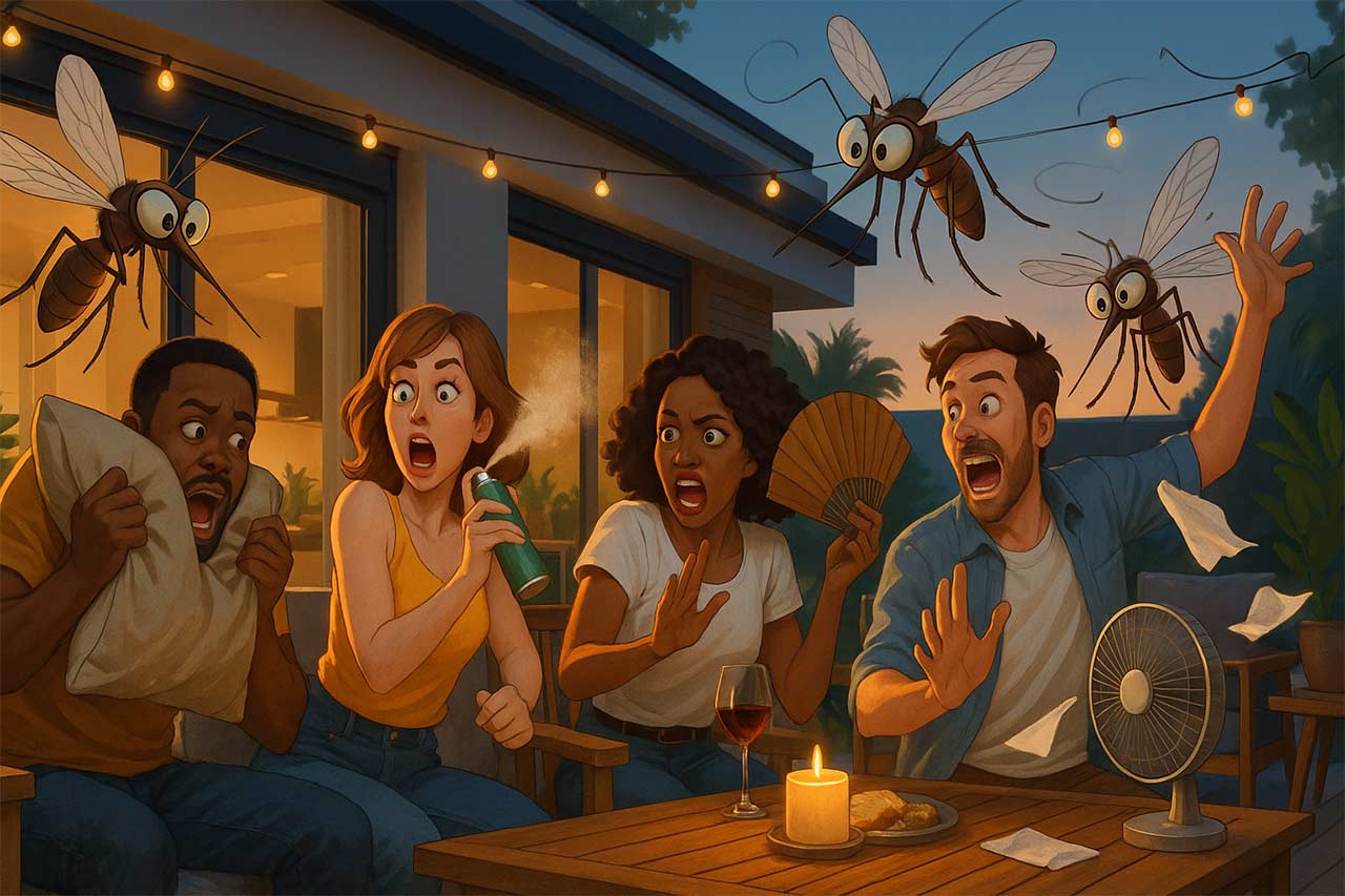 illustration avec quatre amis sur une terrasse chic au crépuscule, guirlandes allumées, paniqués par d’énormes moustiques cartoon ; spray anti-moustiques, éventail et bougie posés sur la table.