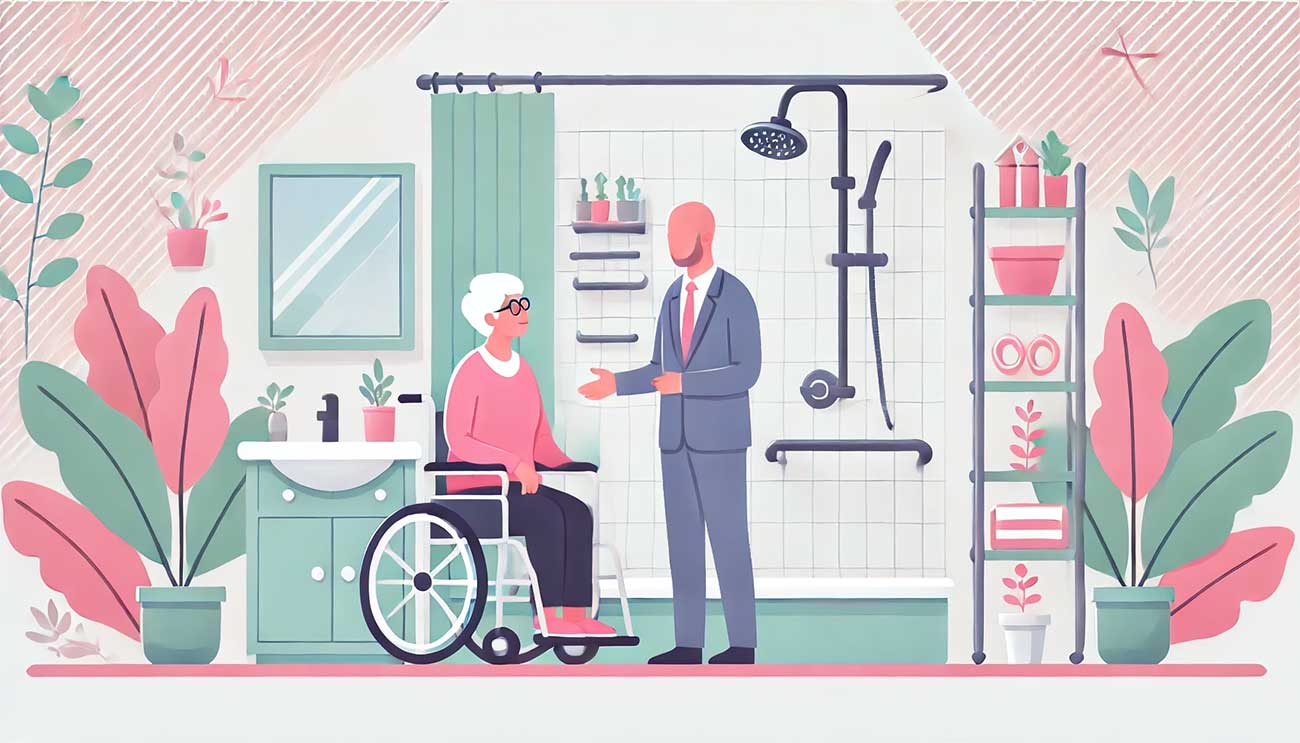 scène qui résume un texte sur les modifications de salle de bain pour les seniors avec des éléments comme un évier ajustable, un siège de douche fixe, des barres d'appui, et une ambiance de rénovation et sécurité. Une personne âgée discute avec un professionnel dans un cadre clair et accueillant.