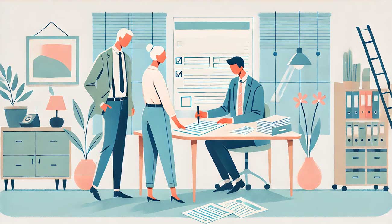  Une personne âgée remplit un formulaire avec un professionnel, des documents officiels posés sur une table,