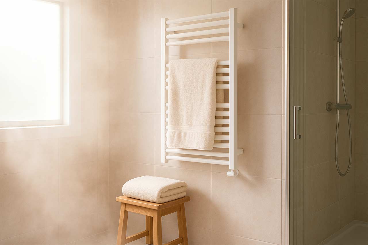 Vue d’une salle de bains contemporaine avec sèche-serviettes mixte blanc, serviettes épaisses, vapeur légère et lumière du matin.