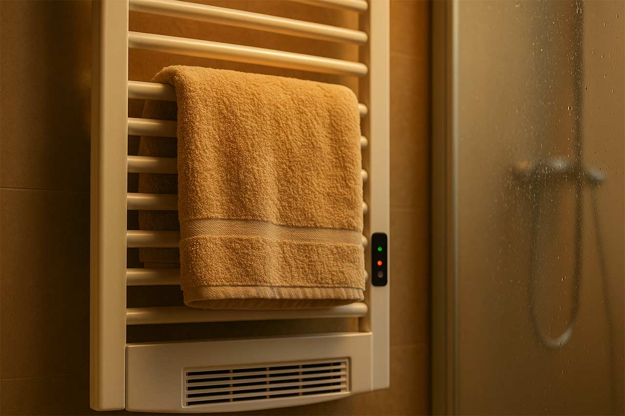 Gros plan sur un sèche-serviettes mixte en chauffe : voyants actifs, soufflerie en bas, paroi de douche à proximité, ambiance chaleureuse