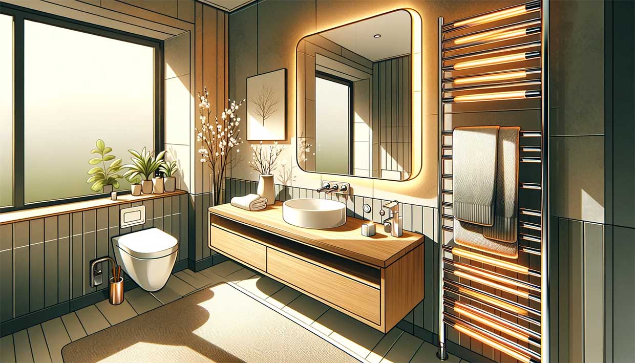 ambiance accueillante et chaleureuse de la salle de bain équipée d'un sèche serviettes