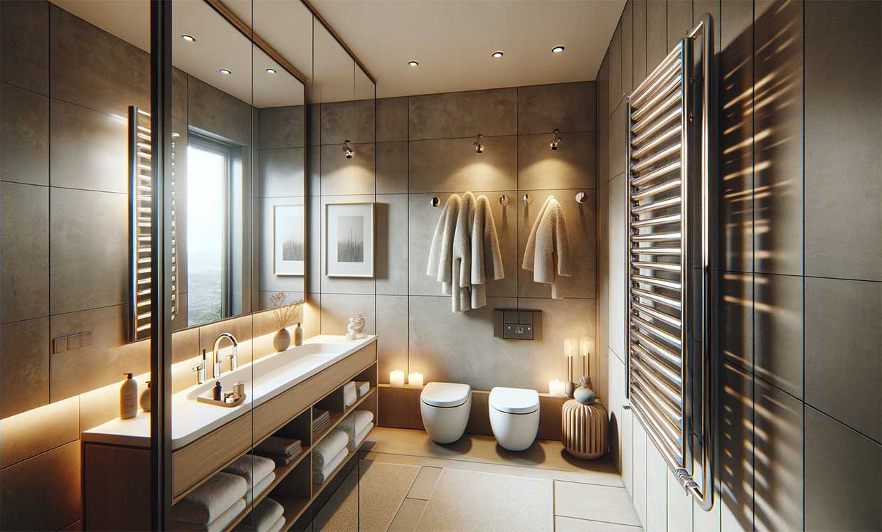 Photographie réaliste d'une salle de bain moderne et confortable équipée d'un rail chauffant pour sèche-serviettes.
