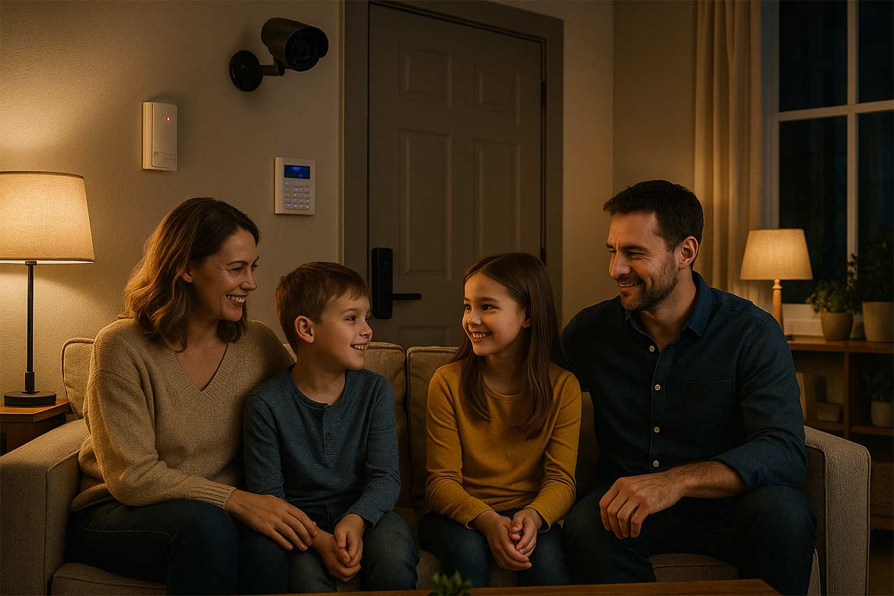 Famille souriante dans un salon chaleureux et bien éclairé, entourée de dispositifs de sécurité modernes comme une alarme et une caméra, évoquant une solution globale pour protéger le domicile.