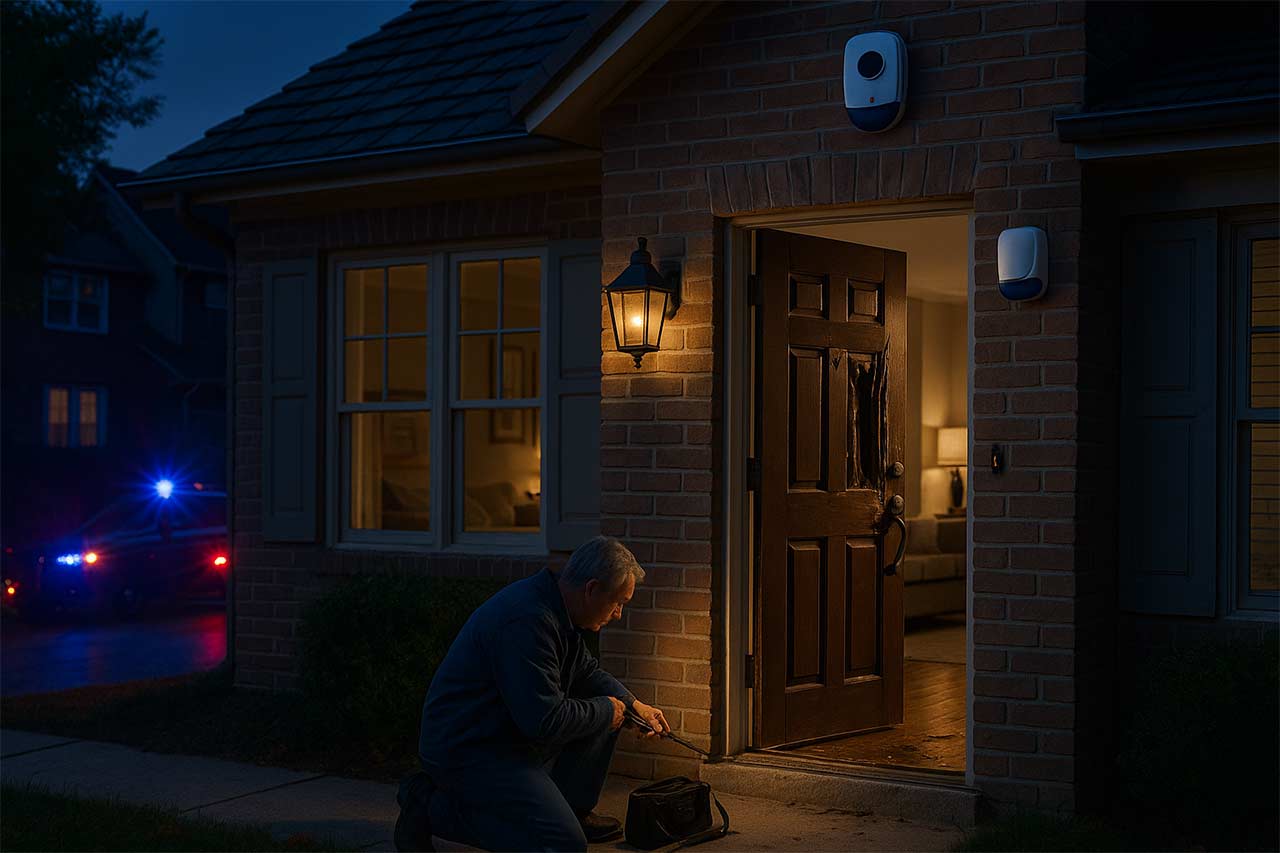 Maison au crépuscule avec porte d’entrée endommagée, gyrophares de police au loin et technicien intervenant, caméra et sirène visibles sur la façade.