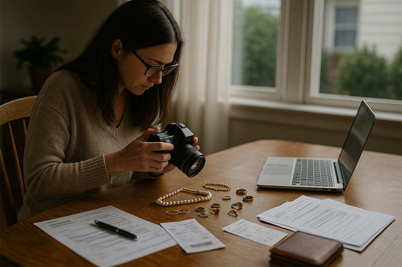 femme assise à une table en train de photographier des bijoux pour un inventaire, documents floutés et ordinateur portable ouvert
