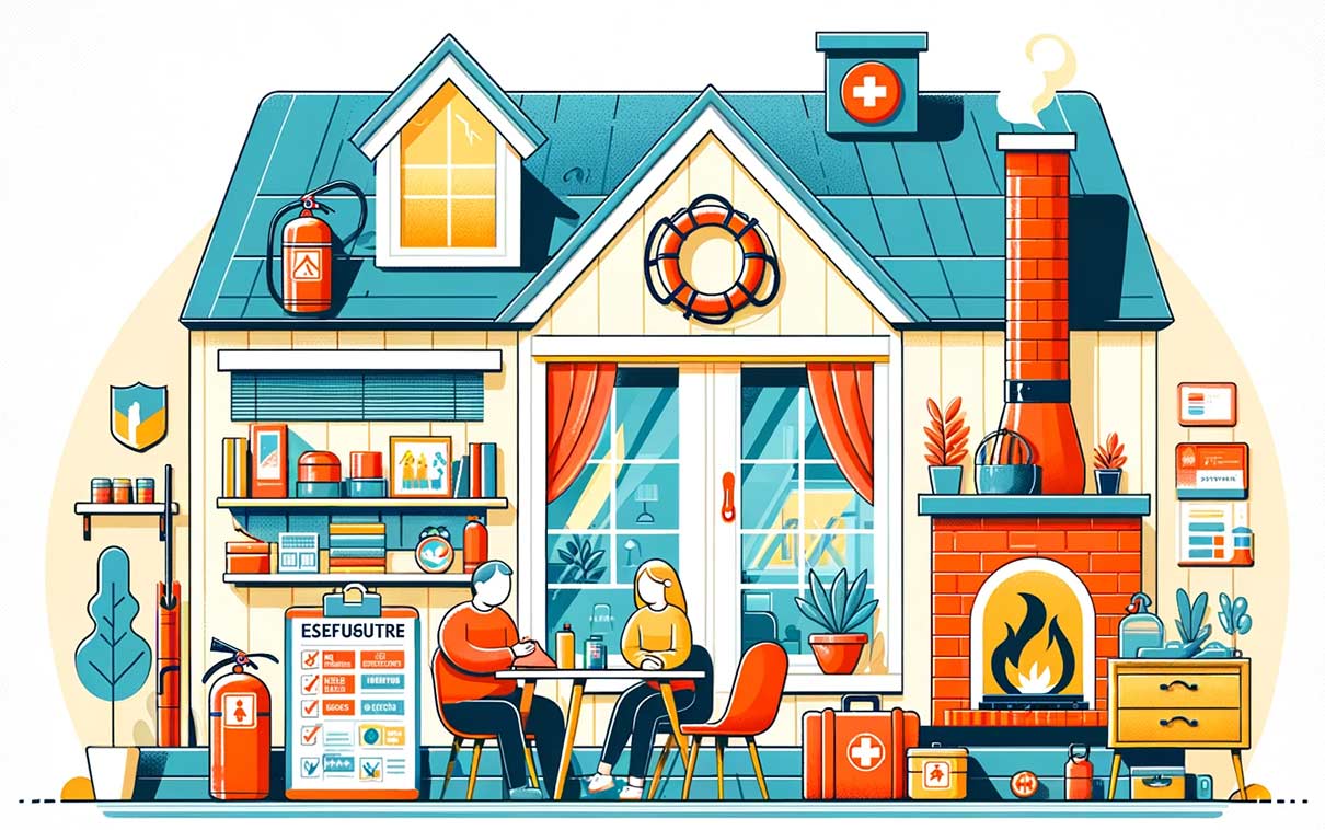 Illustration vectorielle avec des couleurs vibrantes sur fond blanc. L'image montre une maison avec une cheminée sécurisée, un extincteur près d'un foyer, des gouttières nettoyées, et des éléments d'isolation comme des fenêtres bien scellées. Un plan d'évacuation est affiché au mur. Une famille est assise autour d'une table avec un kit d'urgence visible