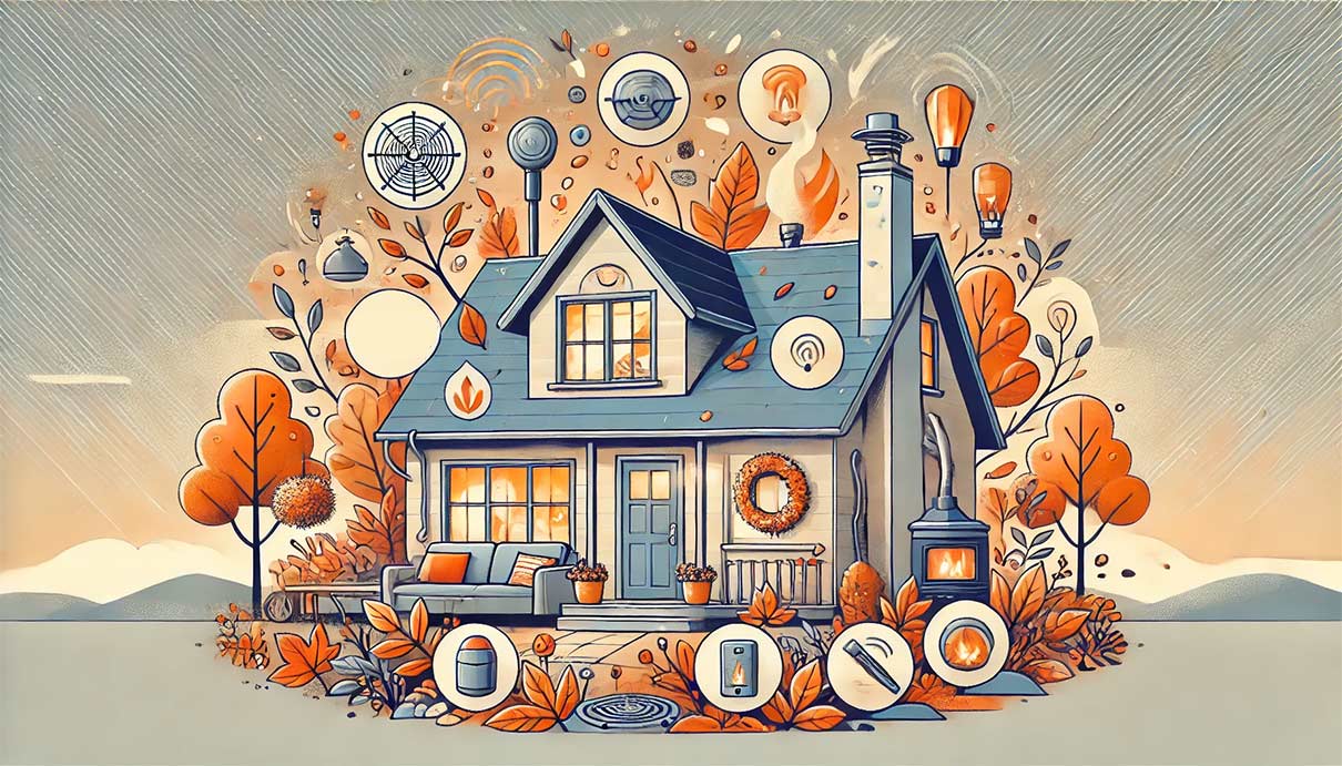 illustration dépeignant des mesures de sécurité domestique en automne. L'image montre une maison confortable entourée de feuilles d'automne, avec des éléments visuels tels que des détecteurs de fumée, un extérieur nettoyé de feuilles et de glace, et une cheminée sécurisée.