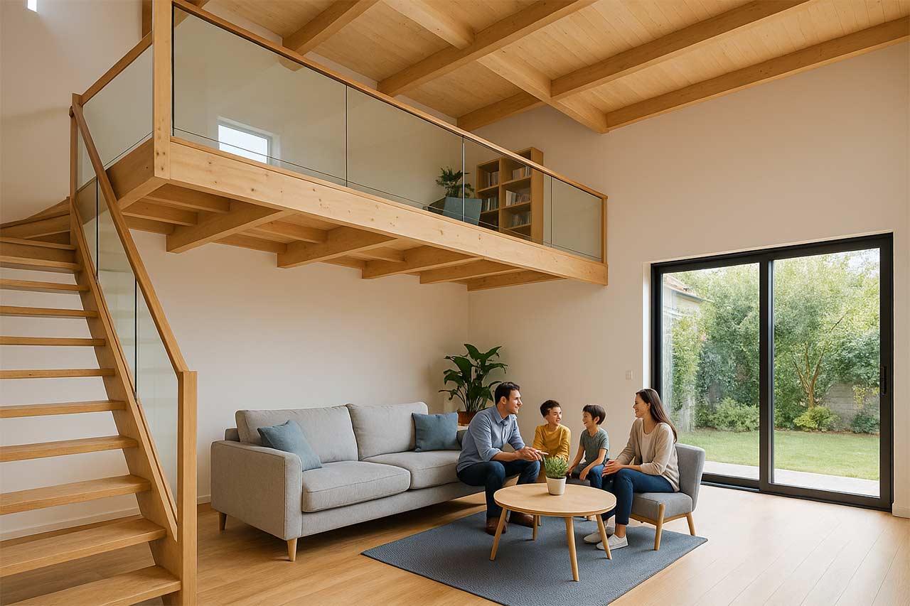 grande pièce de vie avec plafond cathédrale, mezzanine en bois clair, garde-corps vitré sécurisé, escalier confortable, lumière naturelle abondante, famille profitant sereinement de l’espace