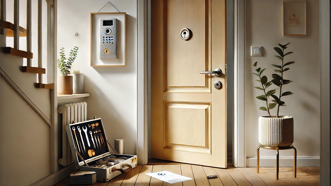 porte récemment réparée, équipée d'une nouvelle poignée brillante, dans un intérieur moderne et lumineux. À côté de la porte, une boîte à outils et une carte de visite d’un serrurier sont posées