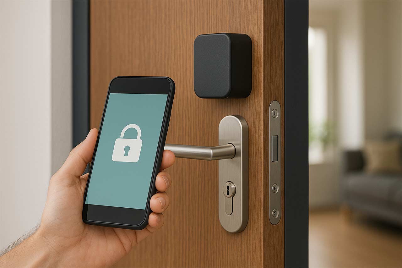 Porte d’entrée contemporaine avec serrure multipoints et module connecté, main tenant un smartphone affichant ouverture sécurisée