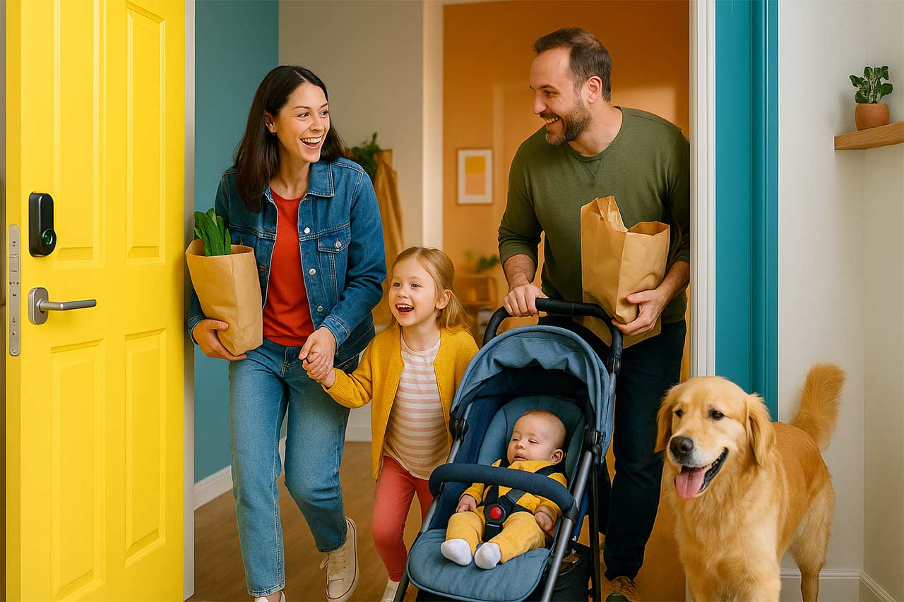 Scène colorée et dynamique d’un foyer qui arrive les mains prises, la porte s’ouvre automatiquement grâce à la serrure smart
