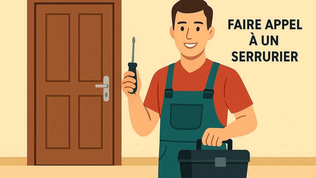 illustration d'un serrurier devant une porte avec un tournevius en main, avec le texte : faire appel à un serrurier