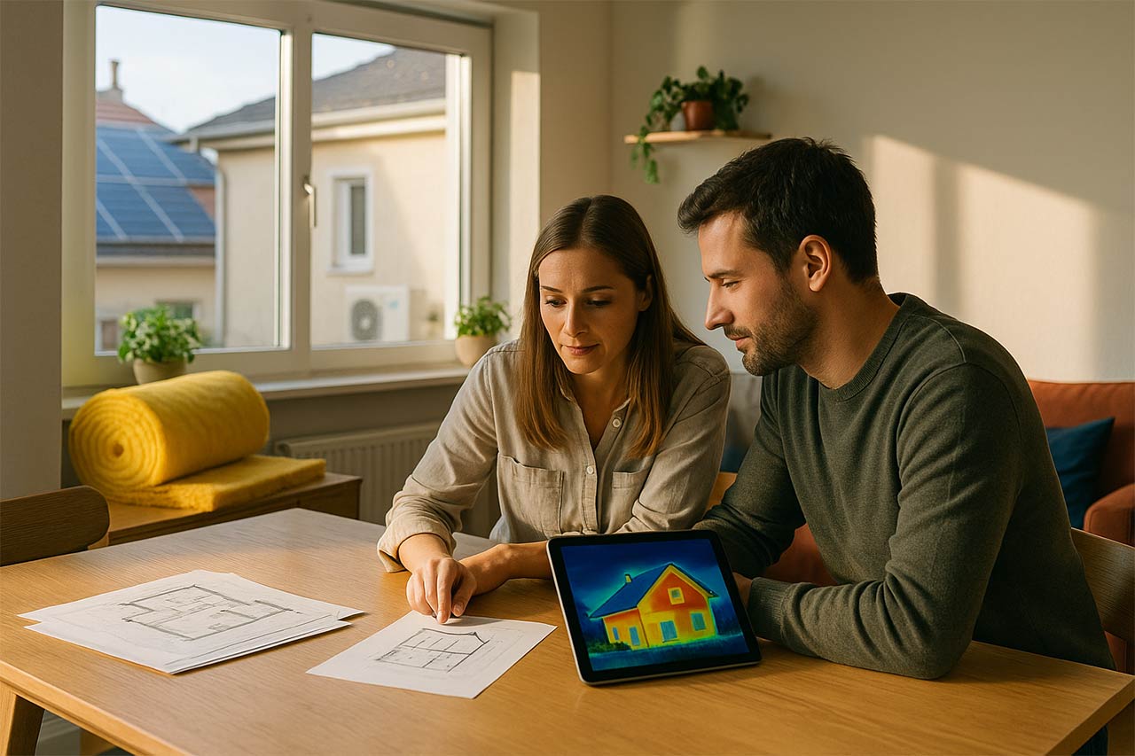 Un couple assis à une table en bois examine un plan de maison et une image thermique affichée sur une tablette, avec de la lumière naturelle entrant par la fenêtre