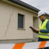 Inspecteur en gilet jaune et casque de chantier examinant une fissure importante sur le mur d’une maison neuve avec une tablette.