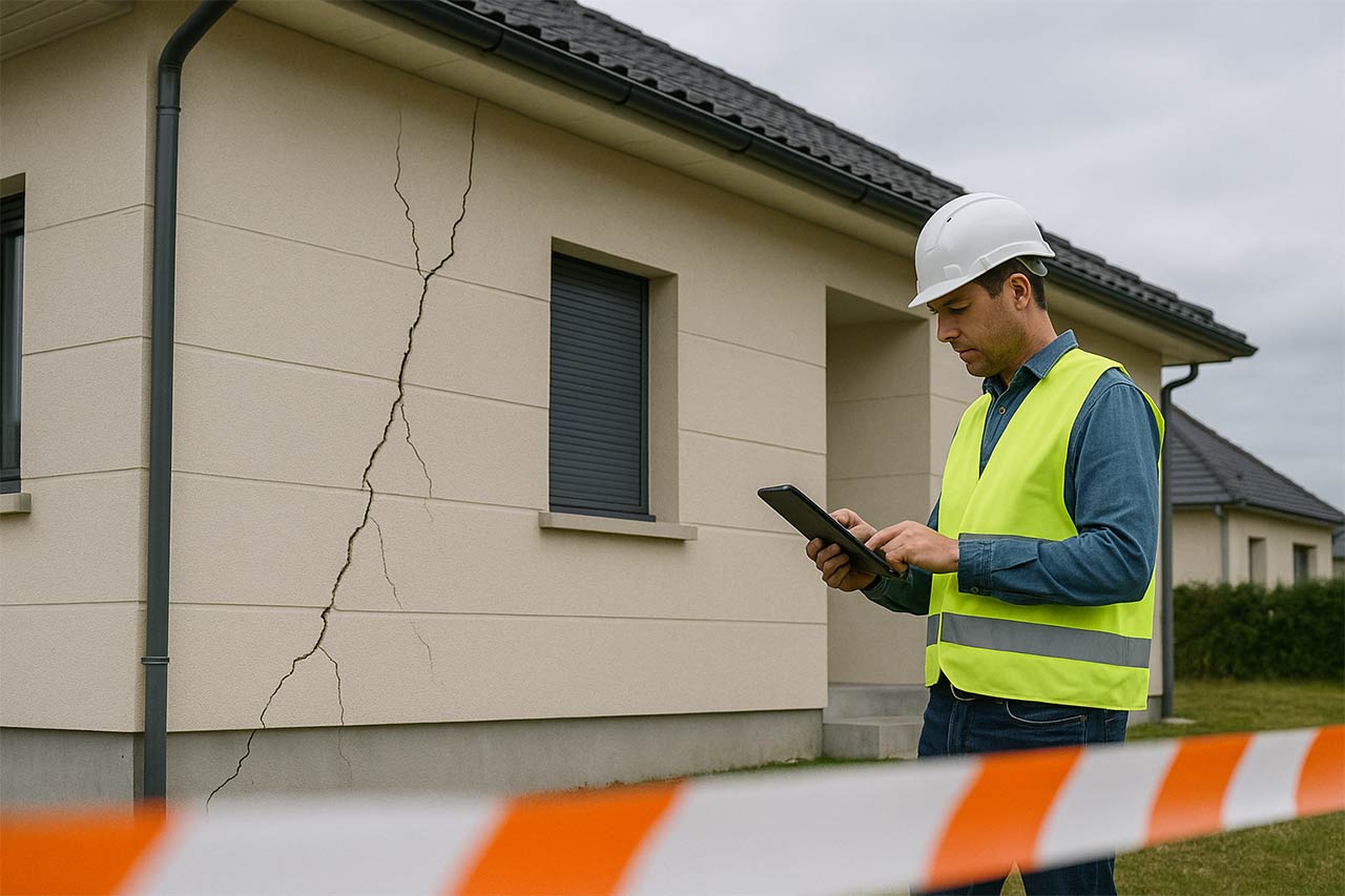Inspecteur en gilet jaune et casque de chantier examinant une fissure importante sur le mur d’une maison neuve avec une tablette.