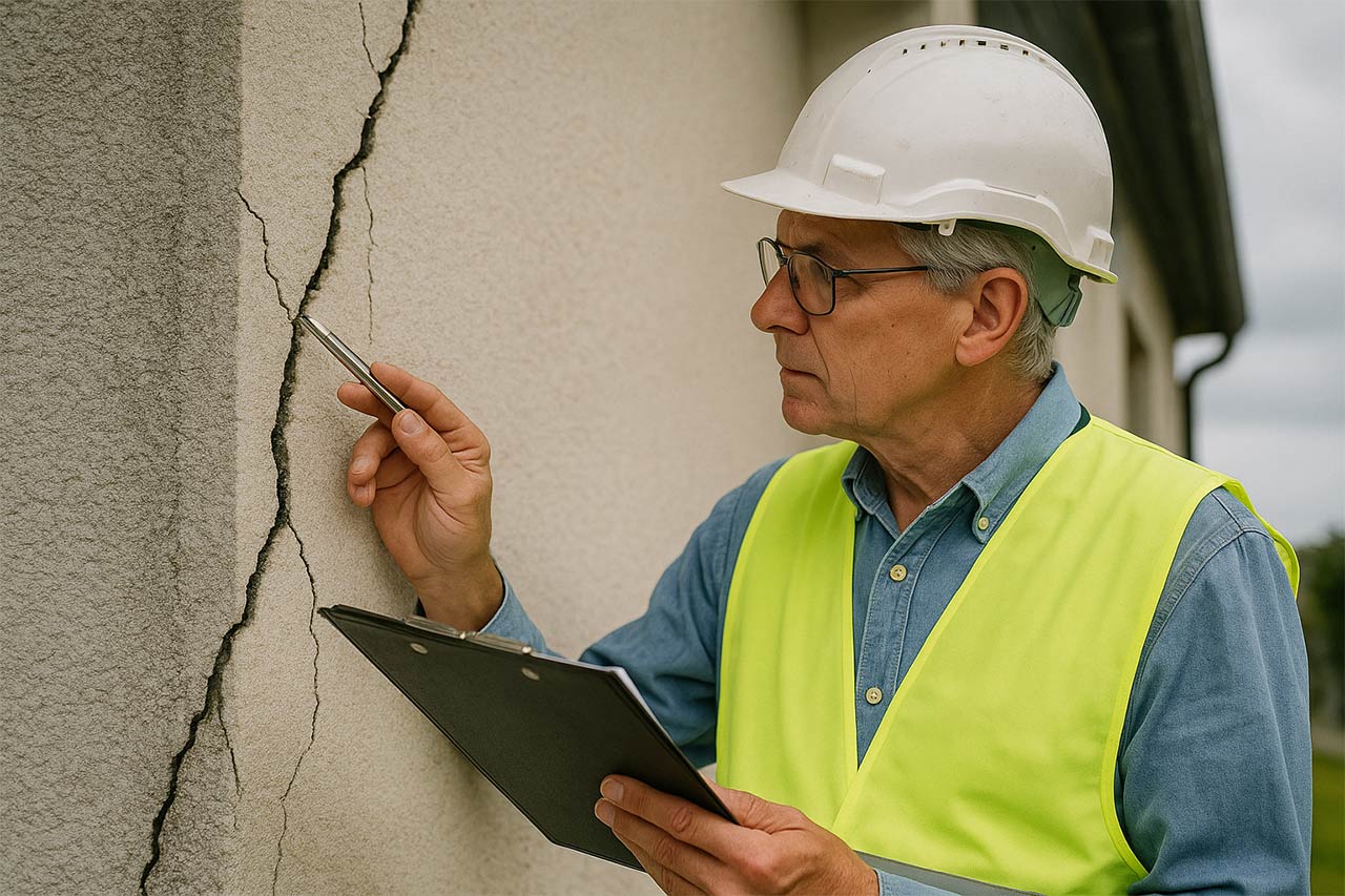 Expert en bâtiment observant de près une large fissure sur un mur extérieur, muni d’un casque, d’un gilet de sécurité et d’un clipboard