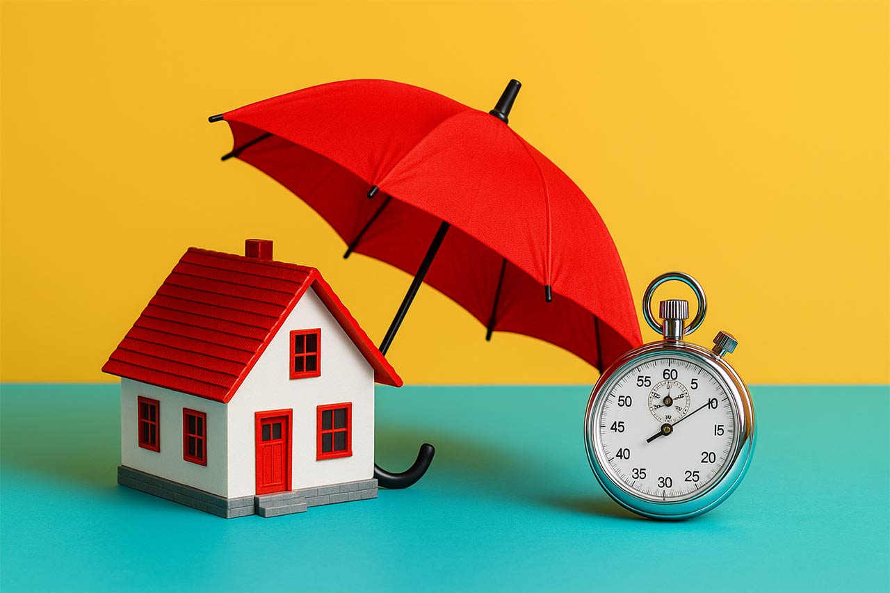Mise en scène colorée avec une maison miniature protégée par un parapluie rouge et un chronomètre symbolisant le calendrier