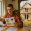 Homme d’âge moyen en chemise brun-rouille examinant attentivement un document d’étiquette énergétique dans son salon, maison en rénovation visible à travers la fenêtre avec échafaudages