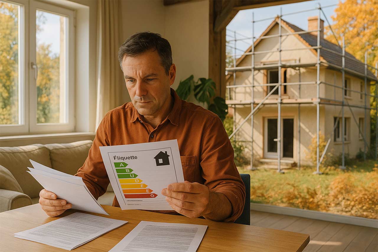 Homme d’âge moyen en chemise brun-rouille examinant attentivement un document d’étiquette énergétique dans son salon, maison en rénovation visible à travers la fenêtre avec échafaudages