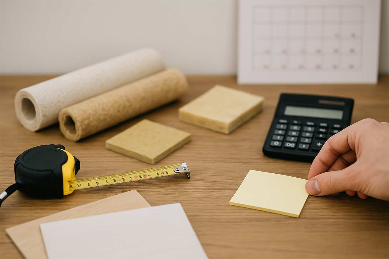 Vue rapprochée d’un plan de travail en bois avec rouleaux d’isolants, échantillon carré, crayon et main tenant un post-it jaune, calendrier flou en arrière-plan.