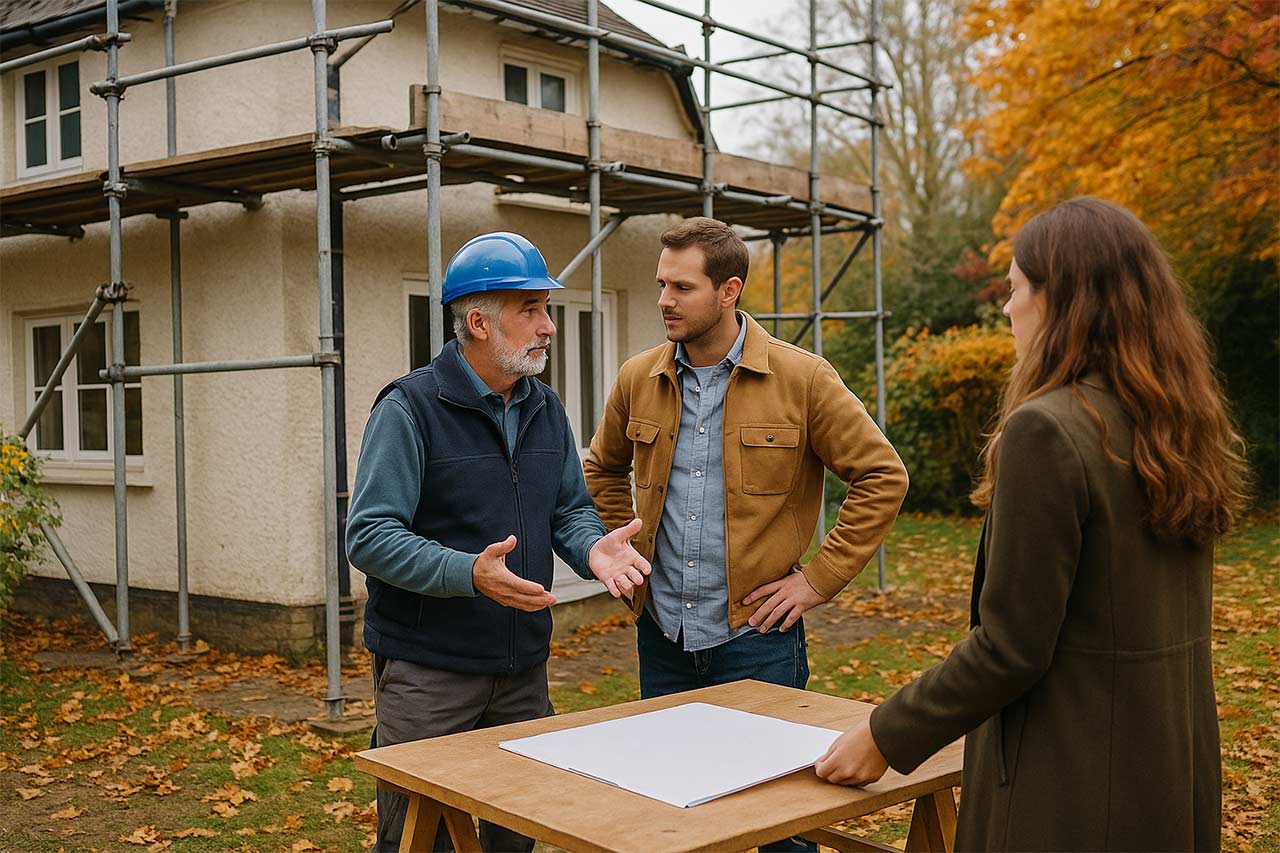 Artisan en casque bleu discutant avec un jeune couple devant une maison créme avec échafaudages, plans posés sur une table, arbres aux feuilles d’automne en arrière-plan