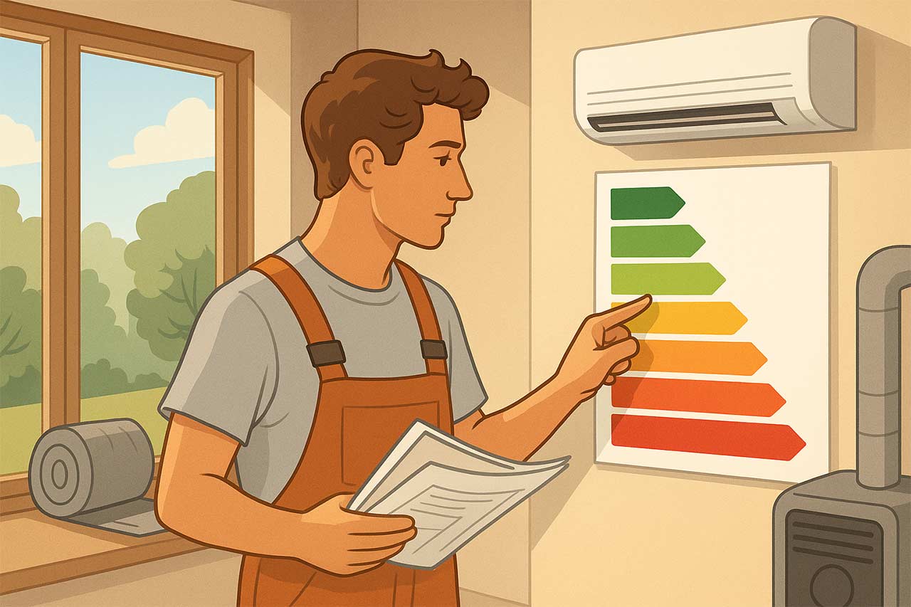 Illustration d’un artisan en salopette orange pointant une affiche d’efficacité énergétique à l’intérieur, tenant des plans, avec vue sur un jardin verdoyant par la fenêtre