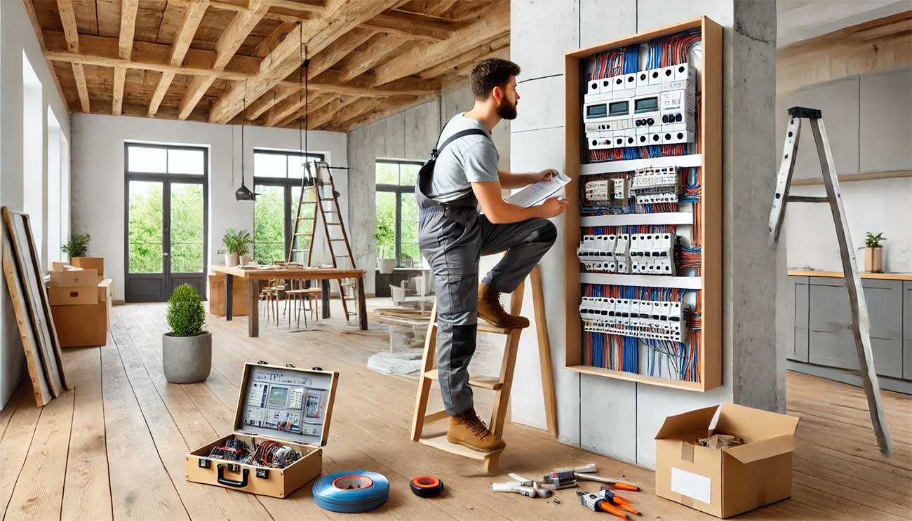  scène de maison moderne en rénovation avancée, avec un tableau électrique moderne récemment installé. Un électricien teste les circuits avec des appareils numériques sophistiqués, tandis que d'autres travaux de finition, comme la peinture et l'installation d'interrupteurs, sont visibles en arrière-plan.