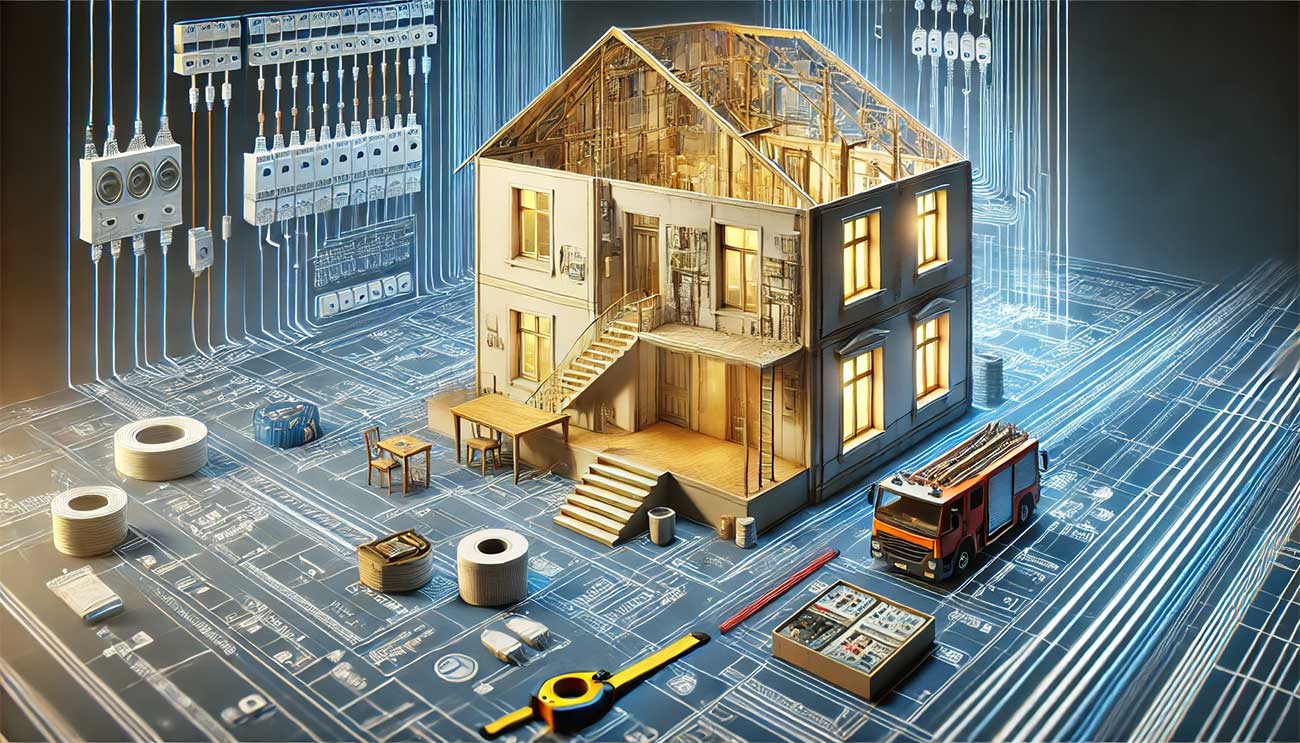 visuel d'une maison en cours de transformation électrique complète, mettant en avant un tableau électrique moderne entouré de schémas techniques détaillés et de nouveaux appareils en attente d'installation. 