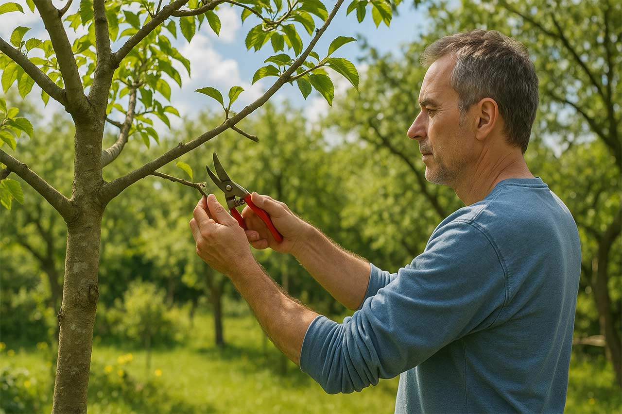 Jardin ensoleillé où un arboriste pratique une coupe fine au sécateur sur un arbre d’ornement, illustrant la taille douce et une couronne aérée.