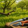 Branche d'arbre fruitier récemment éclaircie avec outils propres posés à proximité, bourrelets de recouvrement visibles et verger lumineux en arrière-plan.