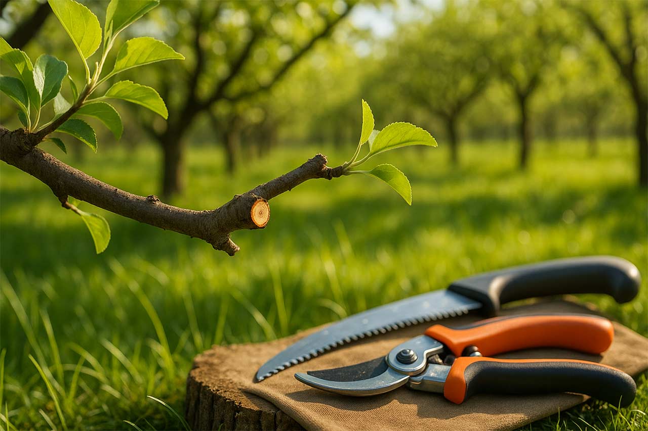 Branche d'arbre fruitier récemment éclaircie avec outils propres posés à proximité, bourrelets de recouvrement visibles et verger lumineux en arrière-plan.