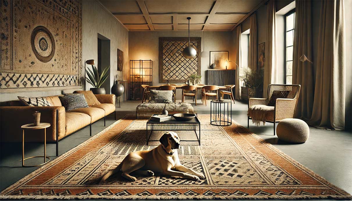 Image photo-réaliste et dynamique d'un salon moderne avec un tapis berbère traditionnel, montrant l'usage quotidien et la présence d'un chien de taille moyenne allongé sur le tapis. Le tapis berbère, avec ses motifs géométriques et sa texture robuste, est central dans la scène, tandis que des meubles modernes entourent l'espace.