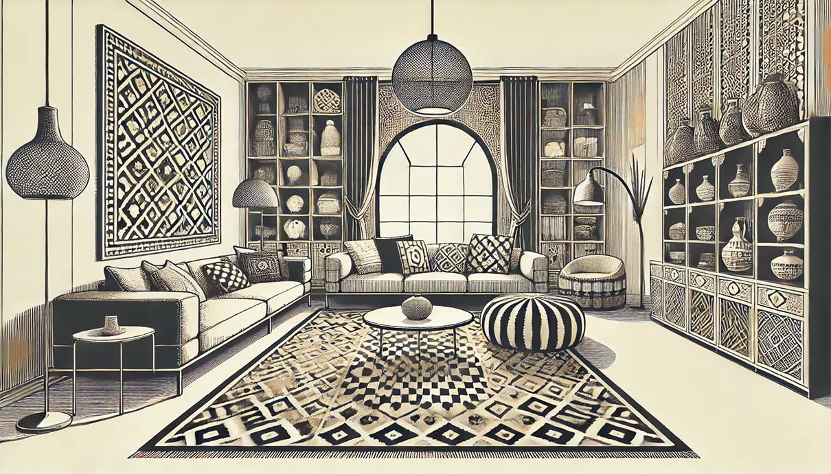 Illustration graphique et très originale d'un salon moderne avec un tapis berbère au sol. Le style de l'image est unique et artistique, avec un contraste marqué entre le tapis berbère traditionnel et l'ameublement contemporain.