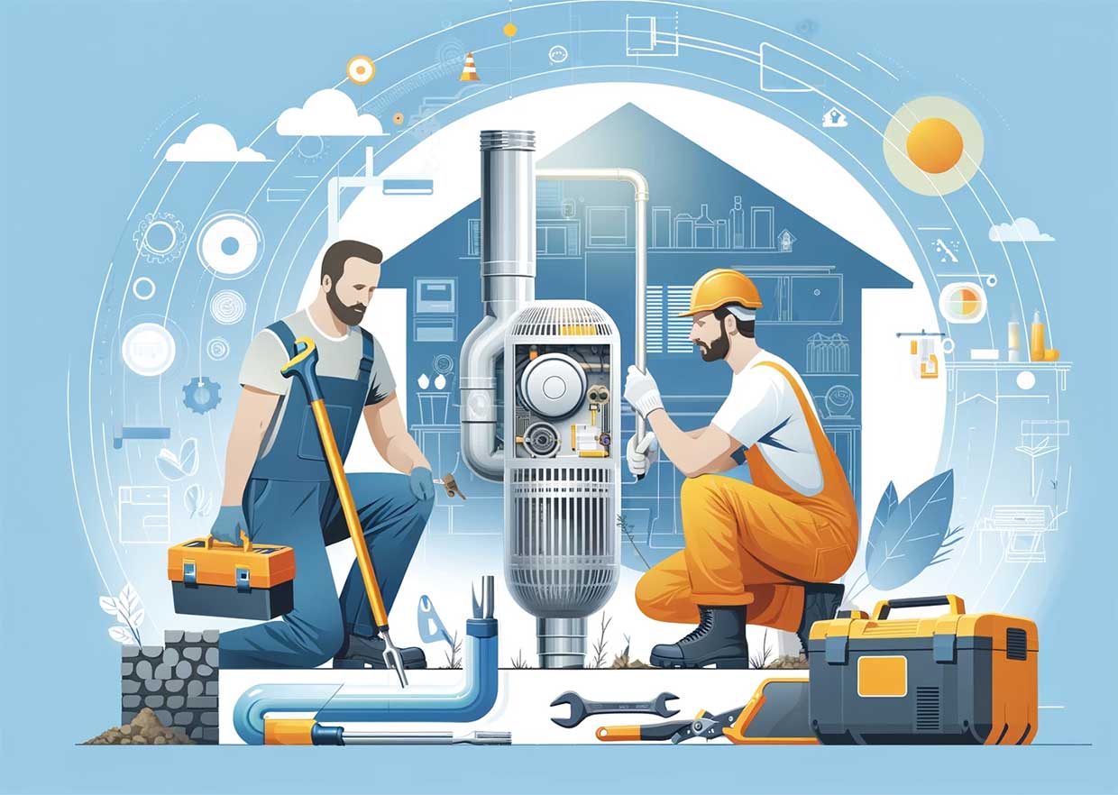 Un technicien chauffagiste et un expert en excavation travaillent ensemble pour installer une pompe à chaleur géothermique dans une maison moderne. Ils utilisent des outils professionnels tout en respectant l'environnement