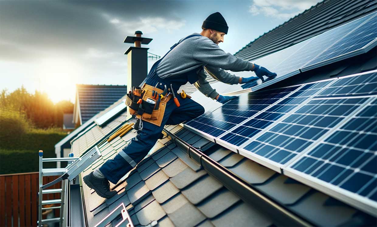 technicien en train de démonter des panneaux solaires sur le toit d'une maison contemporaine. Il porte un uniforme de travail et utilise des outils professionnels.